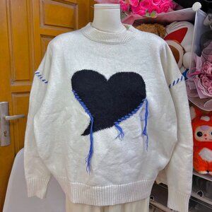 Cream Black Heart Sweater Blue Fringe Detail Cute